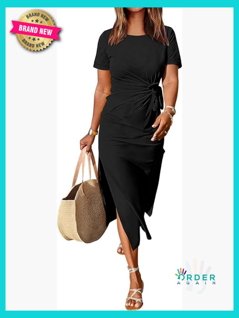 Slim Fit Maxi Dress Tie Waist Casual Beach Summer Slit Modern Crewneck